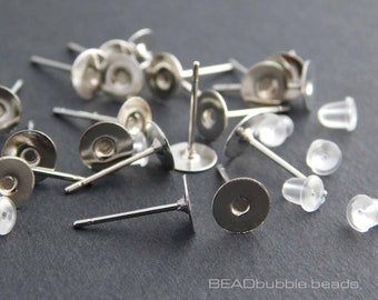 6mm Flat Pad Earring Studs Posts Stainless Steel with Rubber Backs, Silver Colour Findings, Nickel Free Jewellery Making Supplies