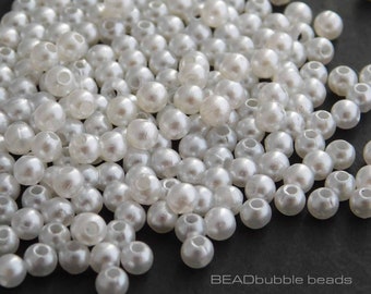 4mm White Faux Pearl Beads, Round Acrylic Plastic Beads, Pack of 300 Small Beads for Jewellery Making and Crafts