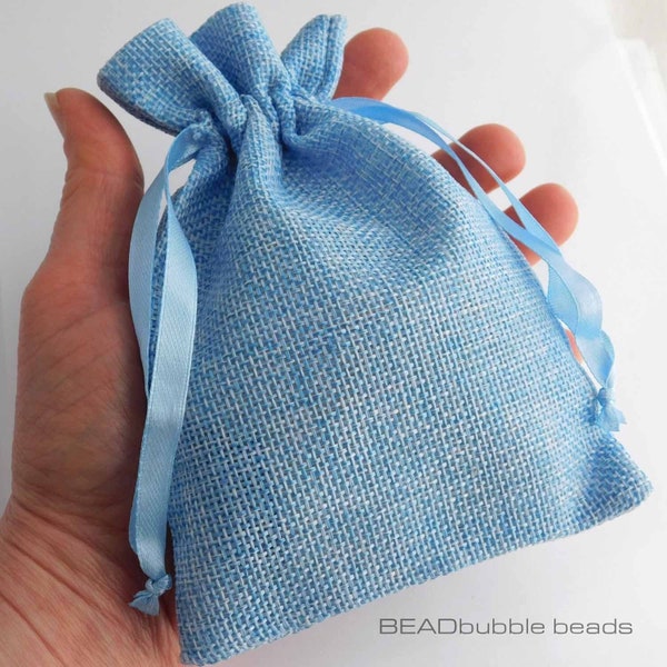 Linen Bags Pouches with Satin Drawstring, Light Blue, 15cm x 10cm (Approx 6 inch x 4 inch) Pack of 2 Gift Bags for Jewellery
