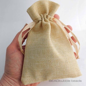 Linen Bags Pouches with Satin Drawstring, Natural, 15cm x 10cm (Approx 6 inch x 4 inch) Pack of 2 Cream Gift Bags