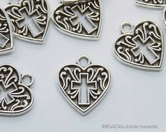 Heart with Cross Filigree Charm, 16mm, Antique Silver Tone, Pack of 6, Small Antique Silver Tone Charms for Jewellery Making