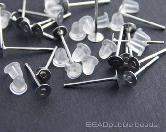 4mm Flat Pad Earring Studs Posts with Rubber Backs, Silver Colour Findings, 20 pairs (40 pcs), Nickel Free Jewellery Making Supplies