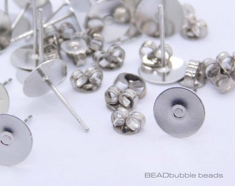 8mm Flat Pad Earring Studs Posts, Stainless Steel with Butterfly Scroll Backs, 10 Pairs, Silver Colour Findings, Jewellery Making Supplies
