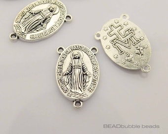 Connettore per rosario, pezzo centrale, 22 mm, pendenti con 3 fori, color argento antico, confezione da 4