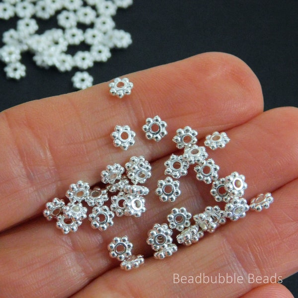 4mm Daisy Spacer Beads, Silver Plated Tiny Flower, Flat Round Heishi Beads, Pack of 100 Lead & Nickel Free Beads for Jewelry Making