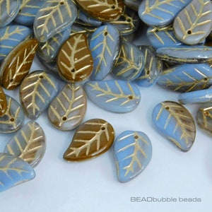 14mm Leaf Czech Glass Beads, Blue Brown Gold, Pressed Glass Leaves, Pack of 10 Beads for Jewelry Making