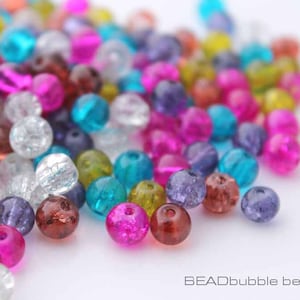 6mm Glass Crackle Beads Round Mixed Colours, Cracked Glass Beads, Aqua Pink Purple Green Orange Clear Pack of 100