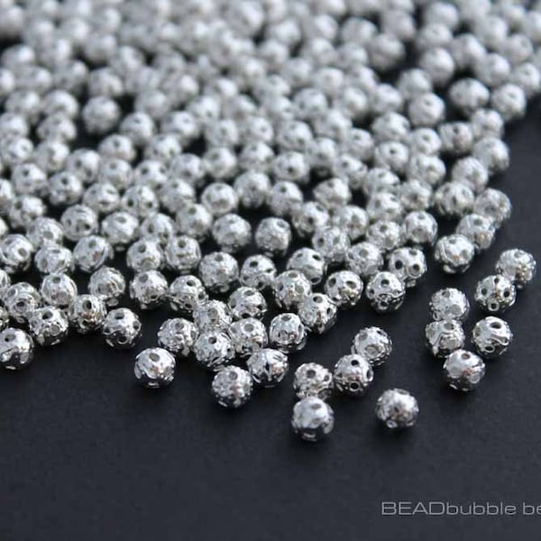 Perles d'espacement rondes en filigrane plaquées argent 4 mm, lot de 100 petites perles d'espacement en métal, accessoires de fabrication de bijoux