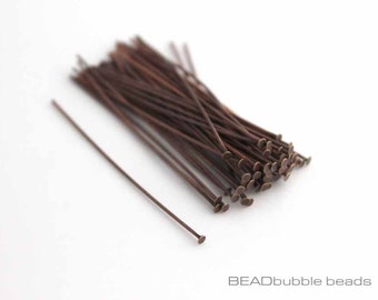Copper Tone Head Pins 50mm (approx 2"), Brass, Pack of 50, 21 gauge, Metal Headpins, Findings for Jewellery Making