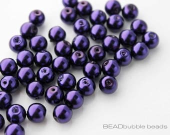 8mm Dark Purple Glass Faux Pearl Round Beads Pack of 50, Beads for Jewellery Making