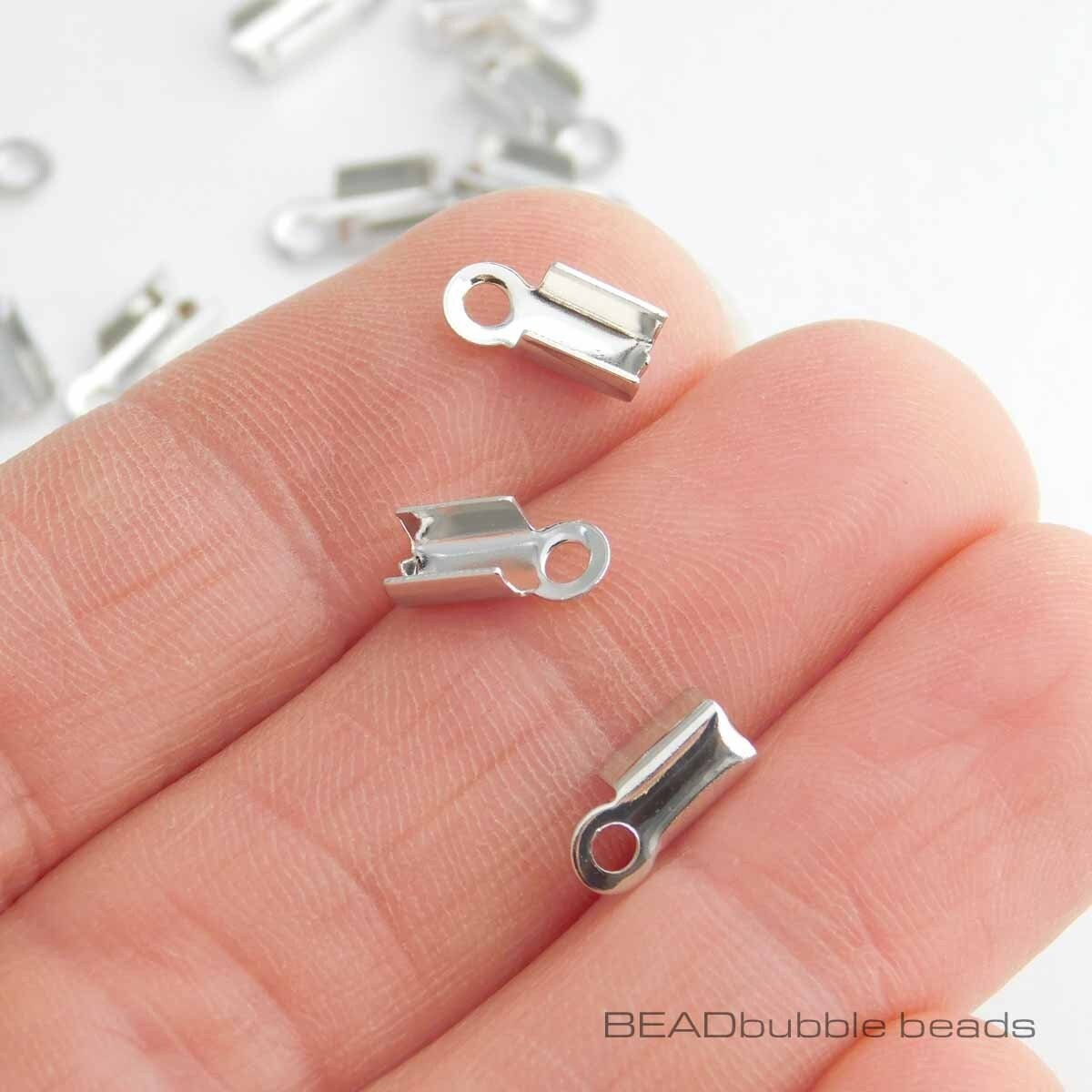 30 Pcs Stainless Steel Silver Fold Over Crimp Cord End Findings