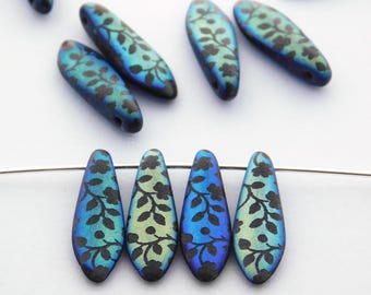 Perline a forma di pugnale da 16 mm, fiore nero opaco, perline in vetro ceco incise al laser per la creazione di gioielli (10 pezzi)