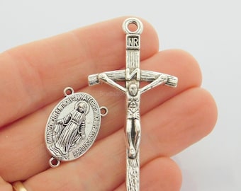 Set di componenti per rosario, grande pendente con crocifisso e connettore centrale a 3 fori, color argento antico, creazione di gioielli religiosi (1 set)