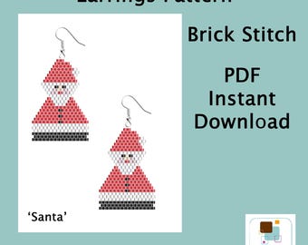 Schema per orecchini a forma di Babbo Natale: perline da ricamo in PDF (download immediato)