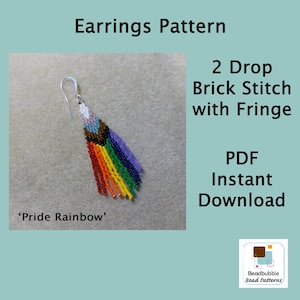 May include: A pair of rainbow pride earrings made with brick stitch and fringe. The earrings are made with seed beads in the colours of the rainbow pride flag. The earrings are called 'Pride Rainbow' and are available as a PDF instant download.