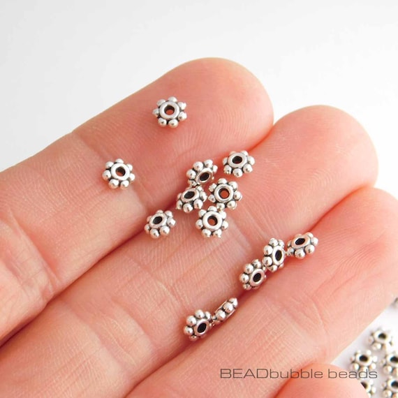 4mm Daisy Flower Antique Silver Tone Spacer Beads, Flat Round