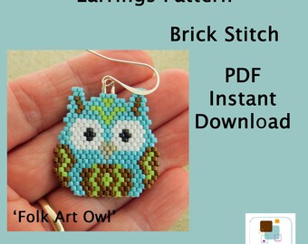 Brick Stitch Owl Earrings Pattern: Folk Art Miyuki Seed Beads (PDF Download)