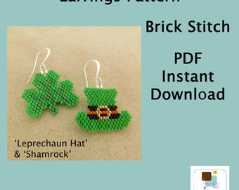 Schema per orecchini a punto mattone per il giorno di San Patrizio: cappello da folletto e trifoglio (download in PDF)