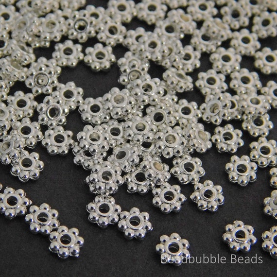 4mm Daisy Flower Antique Silver Tone Spacer Beads, Flat Round