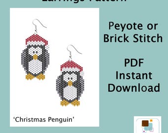 Schema per orecchini natalizi con punto peyote o mattone, pinguino natalizio, schema per perline in PDF scaricabile all'istante per perline da ricamo, schema natalizio
