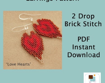 Heart Earrings Pattern: Seed Bead 2-Drop Brick Stitch (PDF Download)
