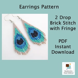 May include: A pair of teal and blue beaded earrings with a black centre and silver hooks. The earrings are made with a brick stitch pattern and have a fringe. The image text reads "2 Drop Brick Stitch with Fringe PDF Instant Download".