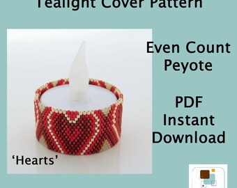 Tealight Cover Hearts, Even Peyote Stitch, Valentine's Day, Instant Download PDF Beading Pattern for Miyuki Delica Seed Beads