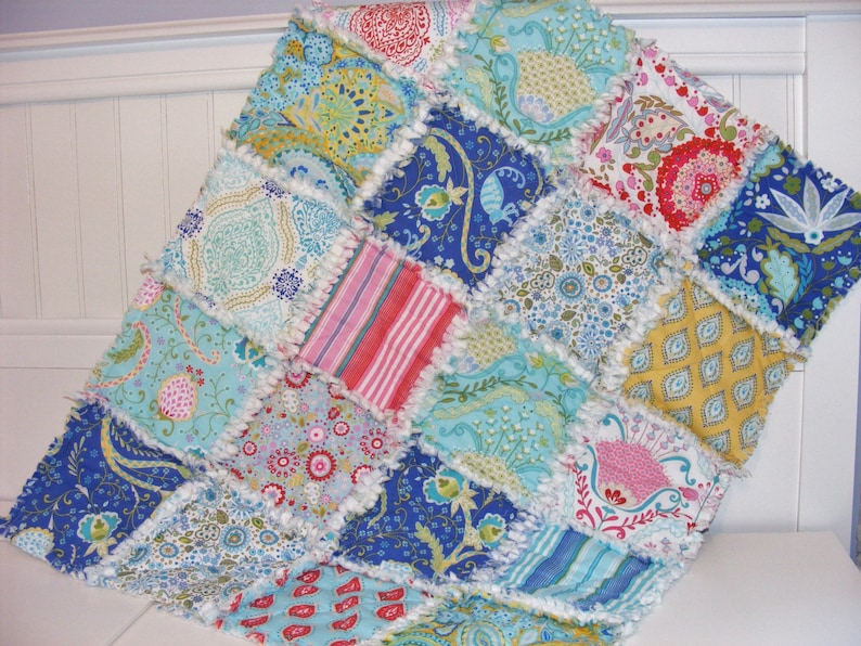 28 X 34 Ready To Ship Lovey Rag Quilt Cottage Chic Blue White Baby Quilt Shabby Style Red Aqua Pink Doll Quilt Security Blanket