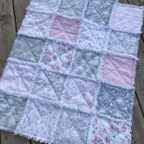 Security Blanket, Lovey Rag Quilt, Baby Quilt, Doll Quilt, Laura Ashley,  Grace, Shabby Style, , Grey, Pink, White, 28 X 35  Ready To Ship