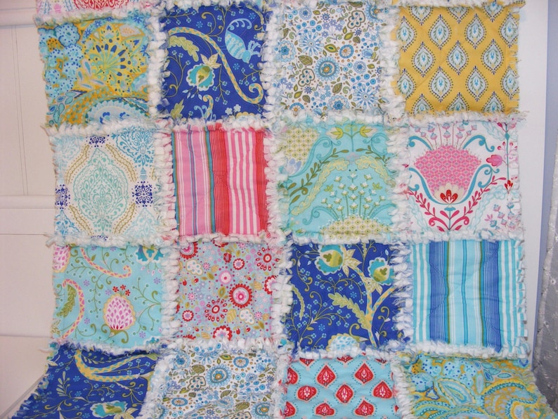 28 X 34 Ready To Ship Lovey Rag Quilt Cottage Chic Blue White Baby Quilt Shabby Style Red Aqua Pink Doll Quilt Security Blanket