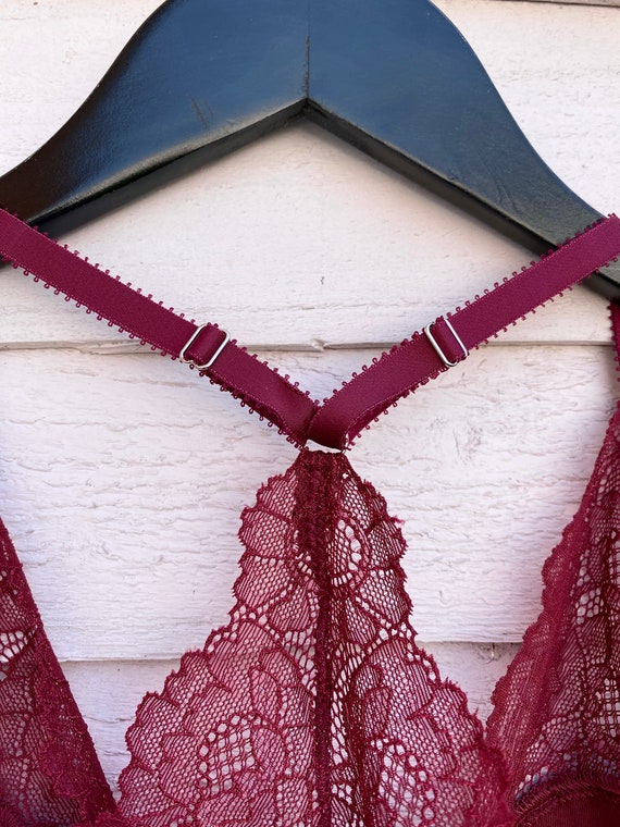 NEW Handmade Lingerie Floral Lace Racerback Triangle Bra in Burgundy Red 