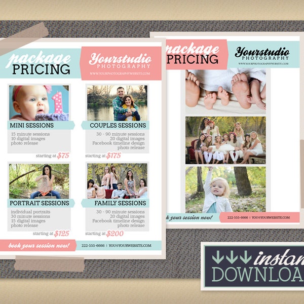 Photography Package Pricing - Photographer Price List - Marketing - Photoshop Template Photography Packages - INSTANT DOWNLOAD