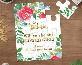 Flower Girl Proposal Puzzle, Bridesmaid Invitation, Will You Be my Flower Girl Bridal Party Proposal Red Watercolor Flowers Puzzle Card Gift