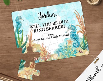 Ring Bearer Proposal Beach Wedding Invitation Puzzle Card Starfish and seahorse Invitation Will you Be My Ring Bearer Sea Wedding Page Boy