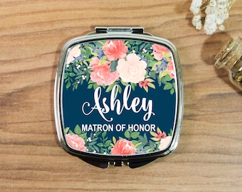 Custom Compact Mirror, Personalized Mirror, Watercolor Flowers and Blue, Matron of Honor Gift, Bridesmaid Pocket Mirror , Flower Girl Gift