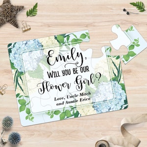 Proposition de puzzle de fille de fleur personnalisée, Serez-vous ma fille de fleurs, cadeau de fille de fleurs, idée de cadeau de fille de fleurs, invitation de jolies fleurs bleues douces