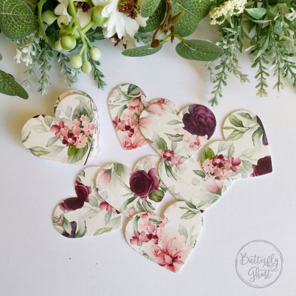 30 - Plantable Seed Paper Hearts Shape Favors With Printed Burgundy Roses - 1.9"-1.65" - Set of 30