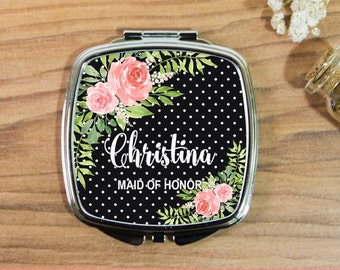 Pocket Mirror Gift Compact Personalized Mirror Bridesmaid Gift, Purse Mirror Watercolor Flowers Bridal Shower Name Compact Mirrors Floral 03