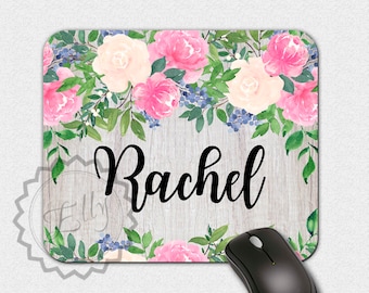 Rustic Mousepad Personalized Shabby Chic Mouse Pad Custom Mousepad Wood Mouse Pad Coworker Office Gift Bohemian Flowers Mouse Pad Name Gifts