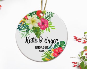 Engaged Ornament/Personalized Ornament/Tropical Engagement Ornament/Engagement Gift/Ceramic Ornament/Mr and Mrs/Bridal Shower Gift