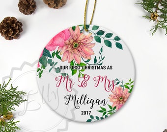 Personalized Christmas Ornament  Custom Mr and Mrs Ceramic Ornament Froral Engagement Gifts Dated Bridal Gift Wedding Christmas Tree Gift