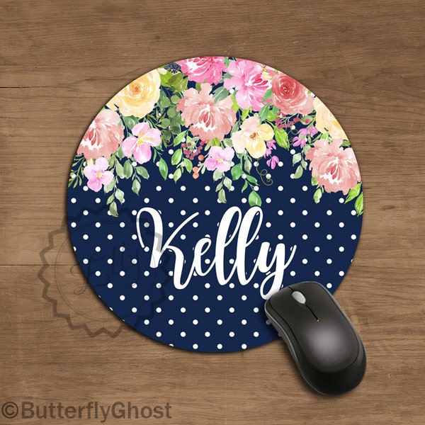 Name Mousepad Floral Watercolor Mouse Pad Office Mousemat Desk Accessories Personalized  Round Mouse Pad Coworker Gift, New Job Gift, Decor