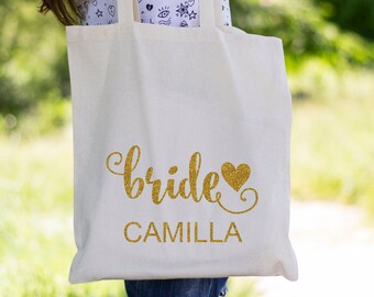 Gold Bride Tote Bag, Personalized Tote, Wedding Tote Bag, Bridal Party Tote, Canvas Tote Bag, Custom Tote Bag, Bridesmaid Tote, Cotton Tote