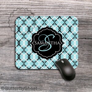 Custom name or monogram onto Black and White damask on Light blue background, personalized mouse pad, monogrammed office gift - 098