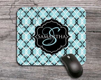 Custom name or monogram onto Black and White damask on Light blue background, personalized mouse pad, monogrammed office gift - 098