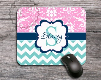 Personalized Mouse Pad - Aquamarine and Pink Damask with Blue Monogram Ribbon, Custom Name or Initials Mousepads, Monogrammed Mouse Mat  046