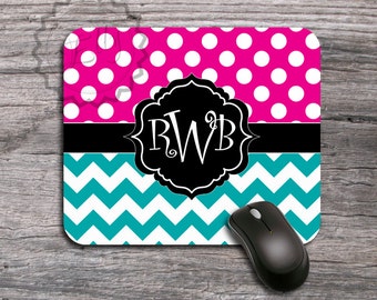 Custom Mouse Pad With Hot Pink Polka Dots and Teal Chevron Monogrammed , Office Accessory, Personalized Mousepad Office Birthday Gift - 039