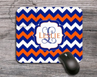 Monogrammed Mousepad - Royal Blue and Orange chevron, Personalized Mouse Pad, desk accessory - 028