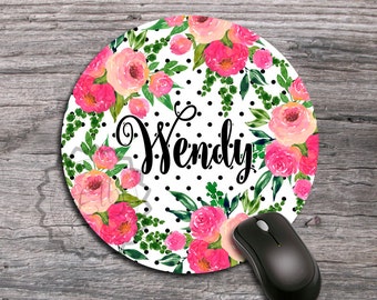 Personalized Mouse Pad-Round Mouse Pad, Floral Mouse Pad, Watercolor Flowers Mouse Pad, Monogram Mouse Pad, Desk Accessories, Office Gift