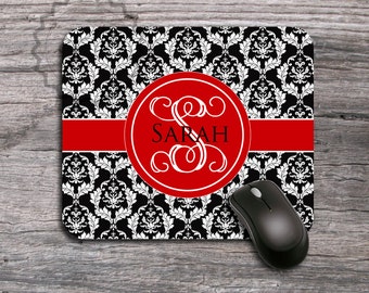 Custom Mousepad - Black damask and Pretty Red monogram, monogrammed computer gift, desk accessory - 17
